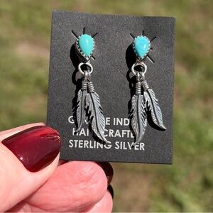 Native American Made Sterling Turquoise Feather Earrings